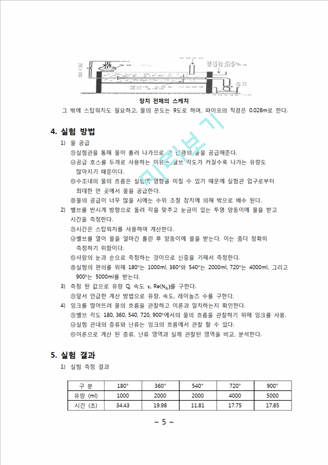 [자연과학] 실험보고서 - 레이놀즈 수(물의 레이놀즈 수를 구하고 그 레이놀즈 수로 층류, 난류, 천이 영역을 구분하고 그 영역에 해당하는 물의 흐름을 원관 안에서 관찰).docx